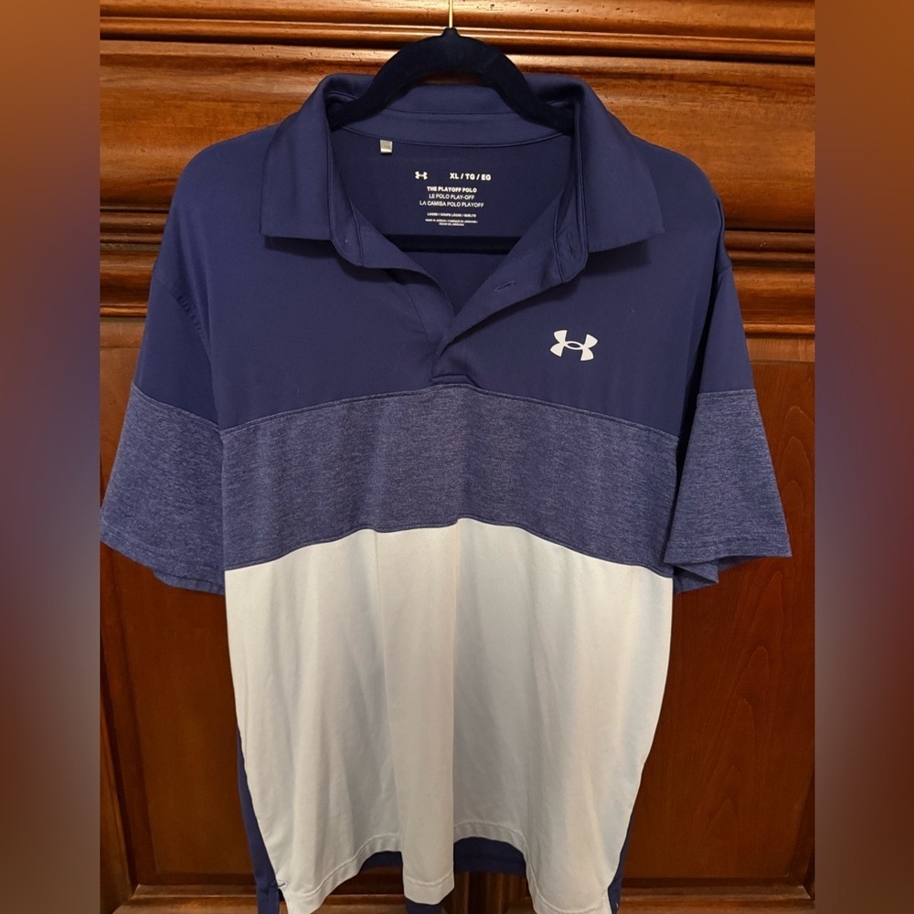 Under Armour Men's Navy and White Color Block Ombré Stripe Polo Shirt XL